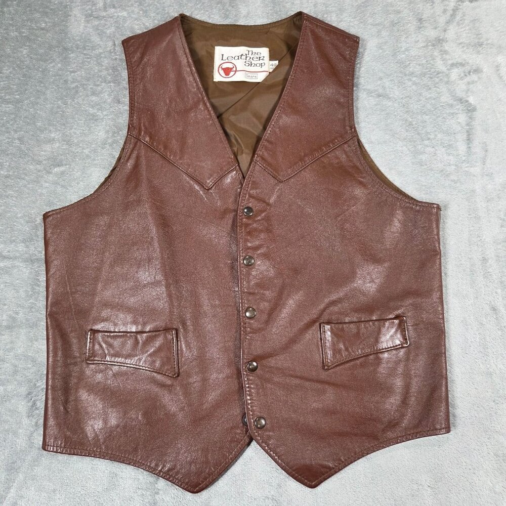 Vintage Sears Leather Shop Vest Mens 40 Brown Ranch Cowboy Western Biker 70s